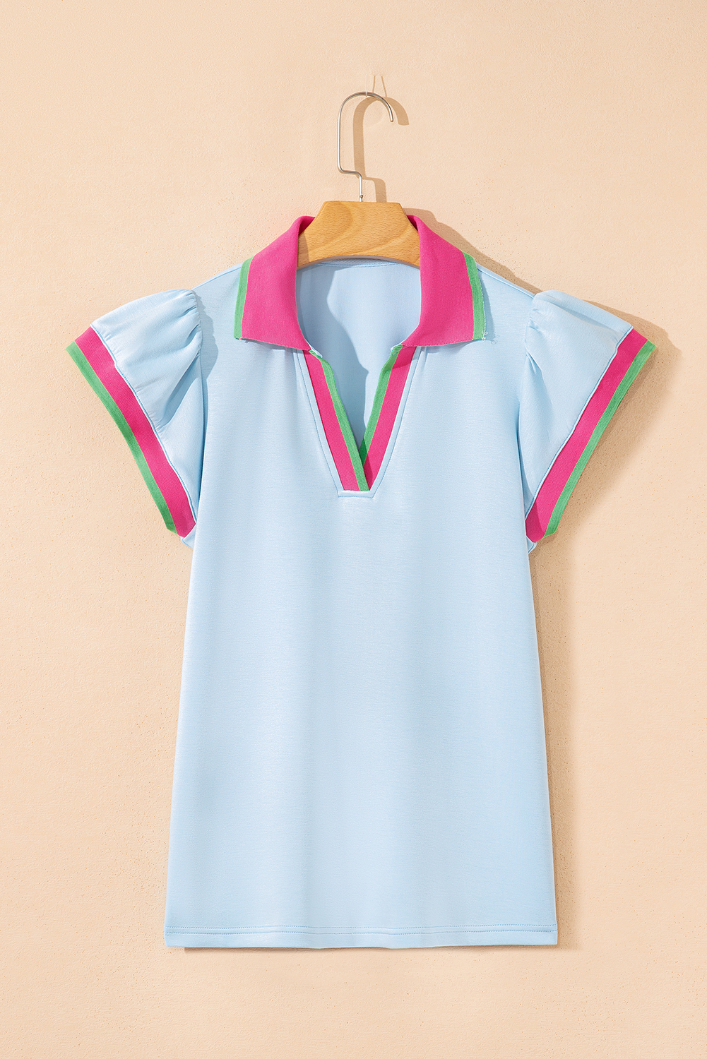 Beau Blue Color Contrast Ruffled Sleeve Collared V Neck Blouse - Image 5
