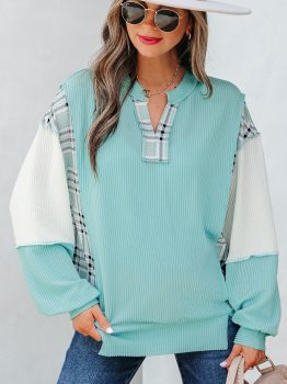 Aruba Blue Corded Texture Colorblock Patchwork Split Neck Long Sleeve Top