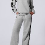 Light Grey Solid Color Side Striped Sweatshirt Active Set