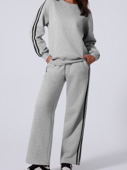 Light Grey Solid Color Side Striped Sweatshirt Active Set