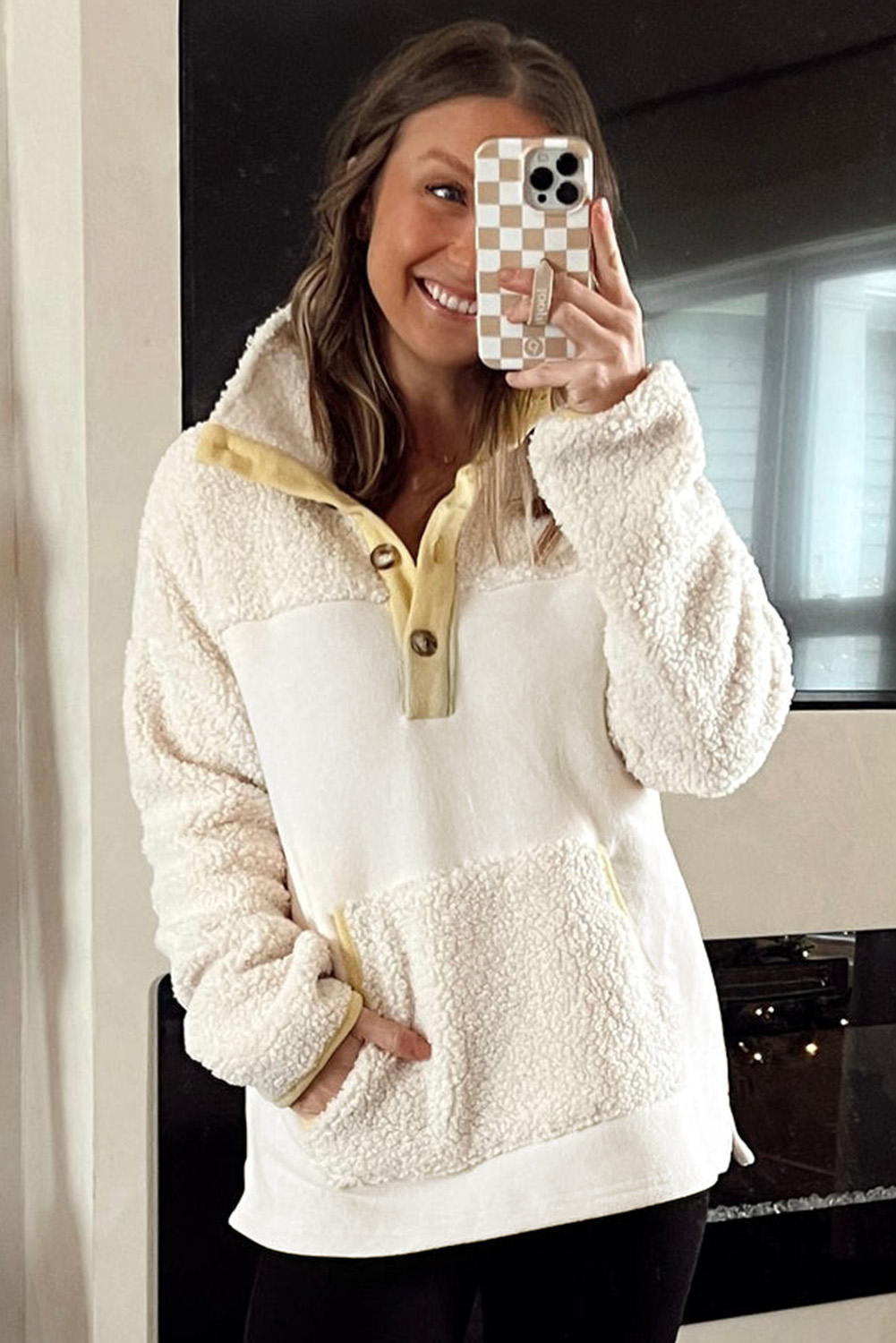 Beige Fleece Colorblock Trim Buttons Collar Sweatshirt with Pocket - Image 6