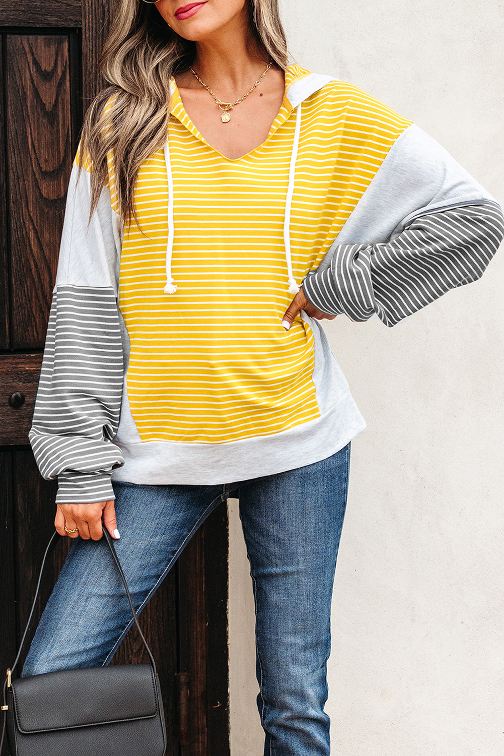 Yellow Stripe Color Block Drawstring V Neck Loose Fit Hooded Top - Image 6