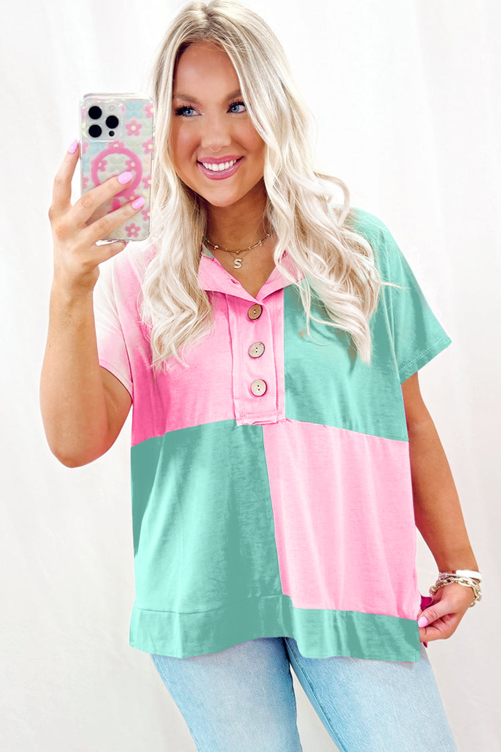 Mint Green Two Tone Half Buttons Collared T Shirt - Image 4