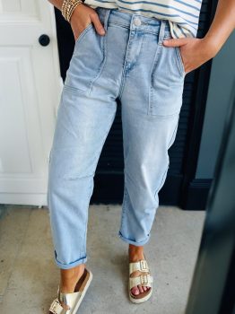 Beau Blue High Rise Barrel Relaxed Patch Pocket Jeans