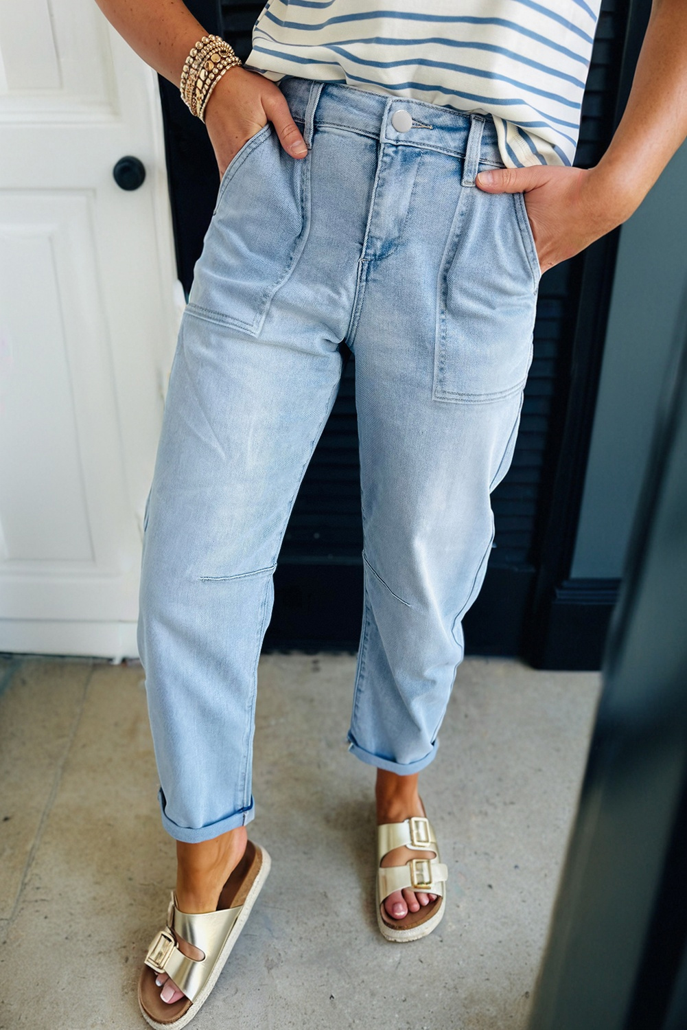 Beau Blue High Rise Barrel Relaxed Patch Pocket Jeans