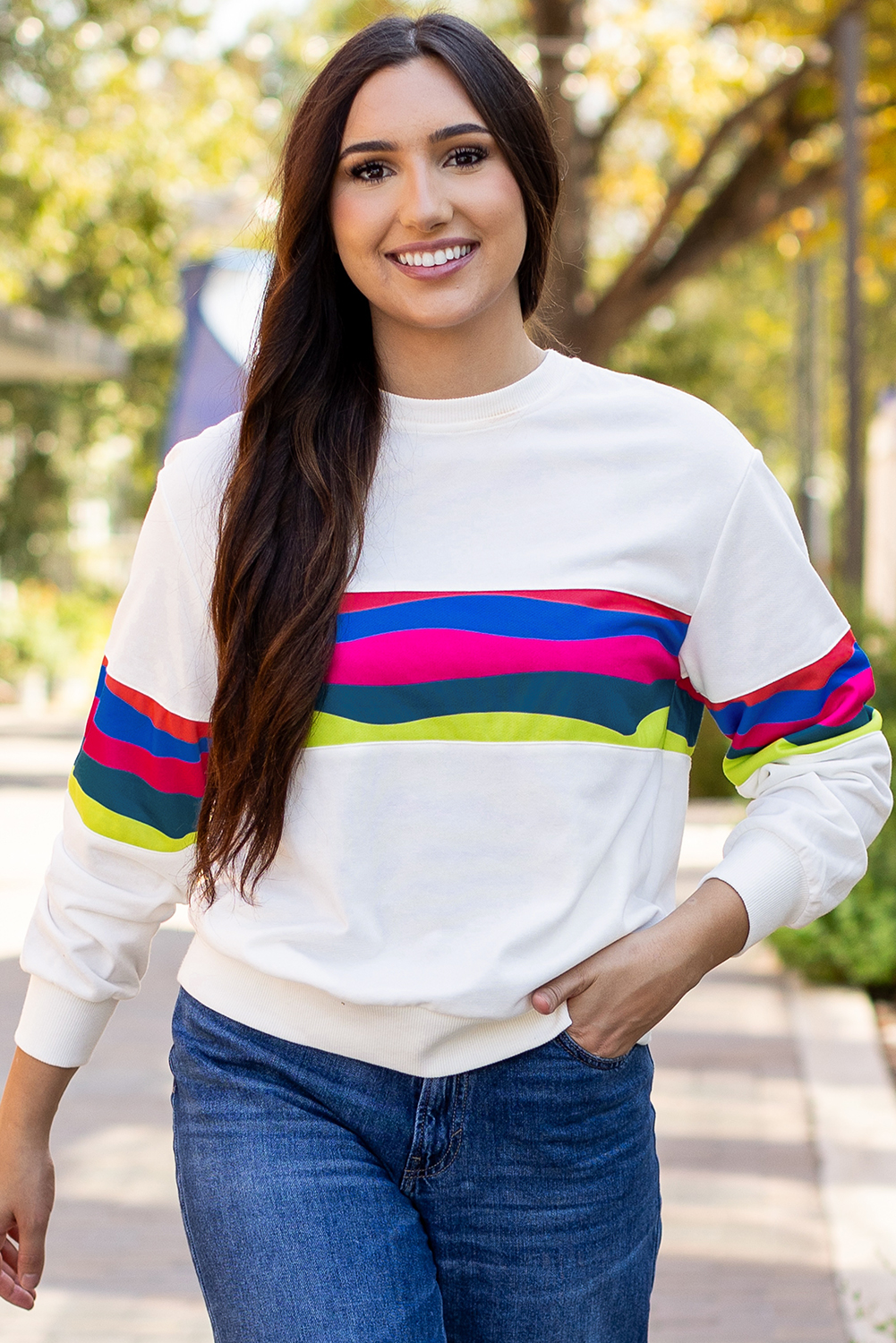 White Colorful Striped Accent Long Sleeve T Shirt - Image 5