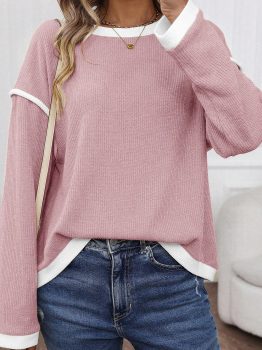 Light Pink Contrast Color Trim Knit Drop Shoulder Loose Top