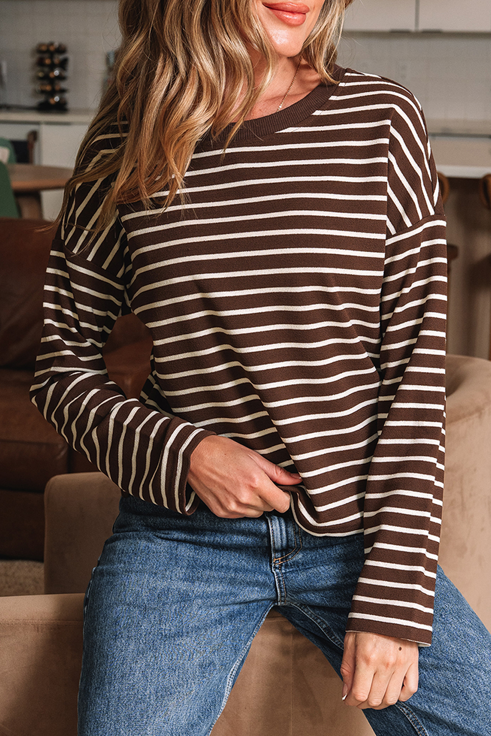 Brown Stripe Ribbed Cropped Crew Neck Long Sleeve T Shirt - Image 6