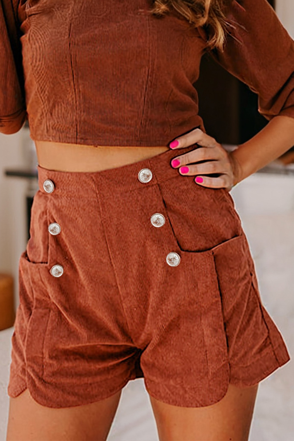 Clay Button Decor Scalloped Edge High Waist Corduroy Shorts - Image 2