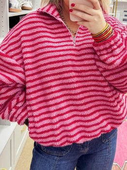 Pink Stripe Quarter Zip Fleece Oversize Sweatshirt