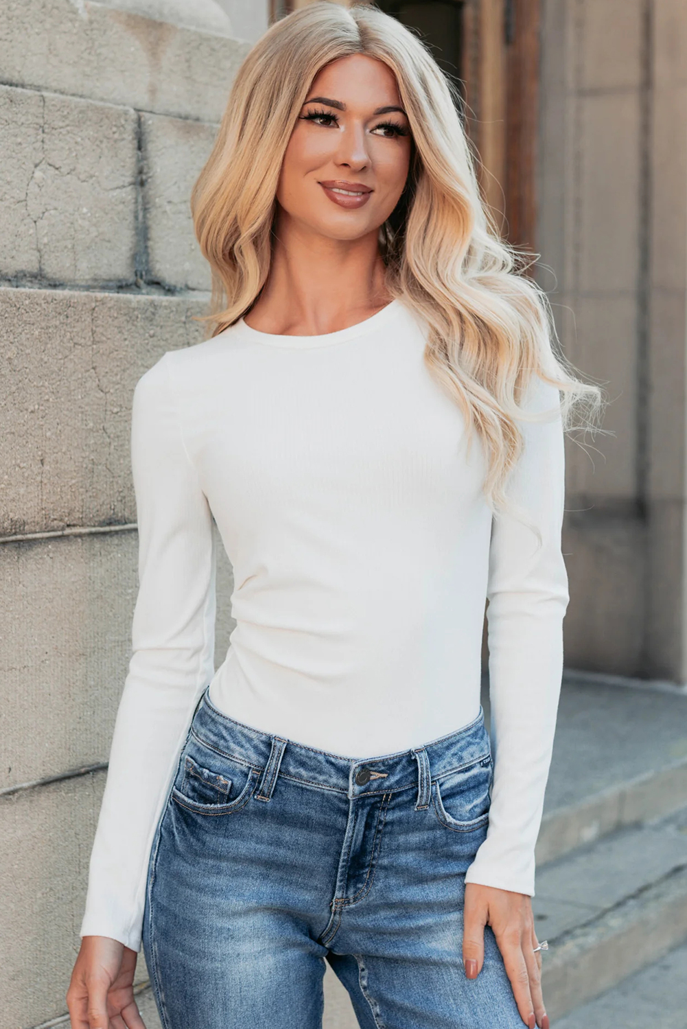 White Ribbed Long Sleeve Crew Neck Solid Color Bodysuit - Image 4