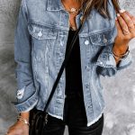 Sky Blue Lapel Distressed Raw Hem Buttons Denim Jacket