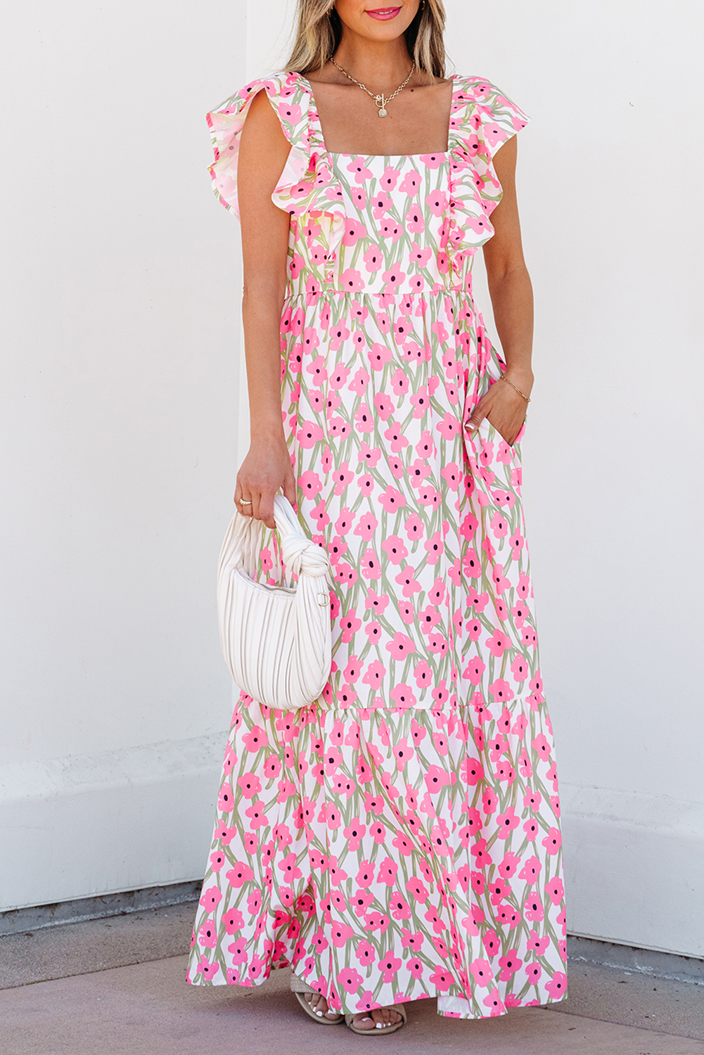 Pink Floral Print Square Neck Ruffled Strap Maxi Dress - Image 6