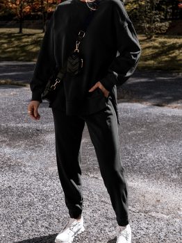 Black Solid Color High Low Pullover and Skinny Pants Set