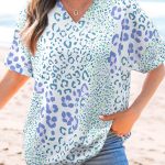 Sky Blue Mixed Leopard Print V Neck Short Sleeve Blouse