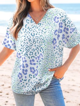 Sky Blue Mixed Leopard Print V Neck Short Sleeve Blouse