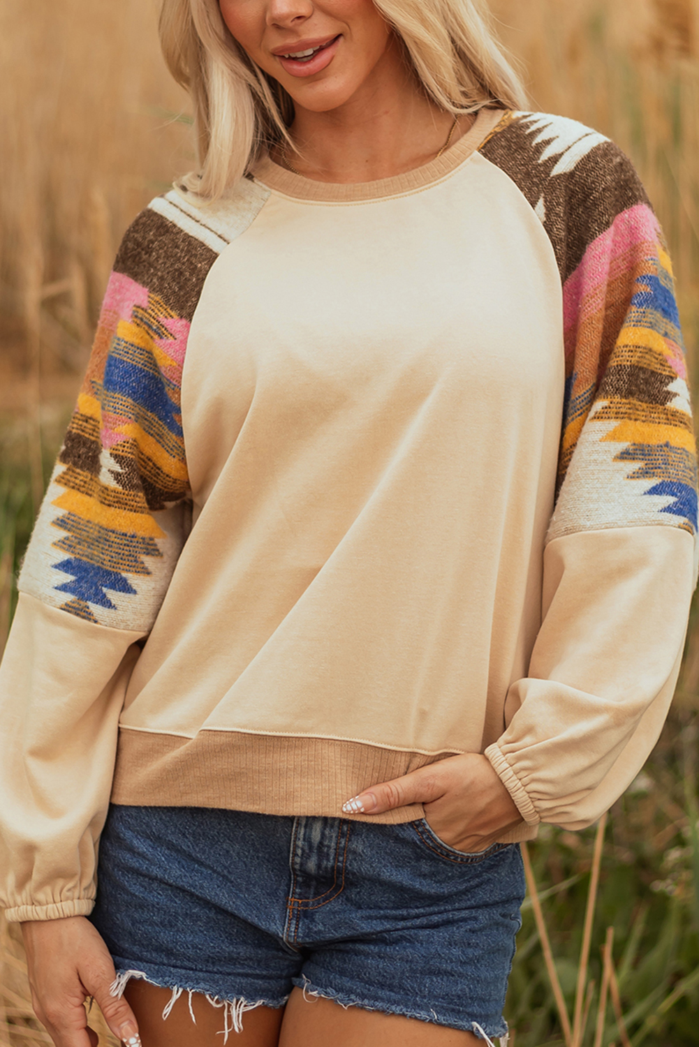 Light French Beige Aztec Patchwork Raglan Pullover Sweatshirt - Image 7