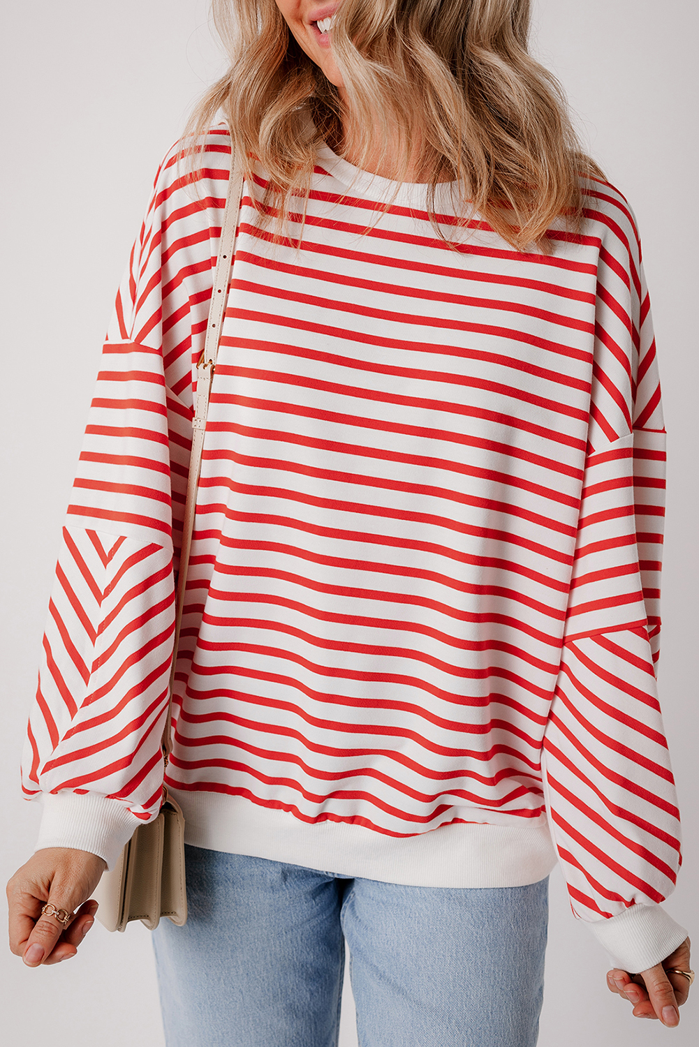 Orange Stripe Drop Shoulder Crew Neck Loose Sweatshirt - Image 5