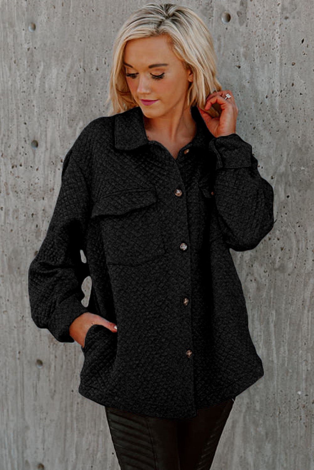 Black Retro Quilted Flap Pocket Button Shacket - Image 4