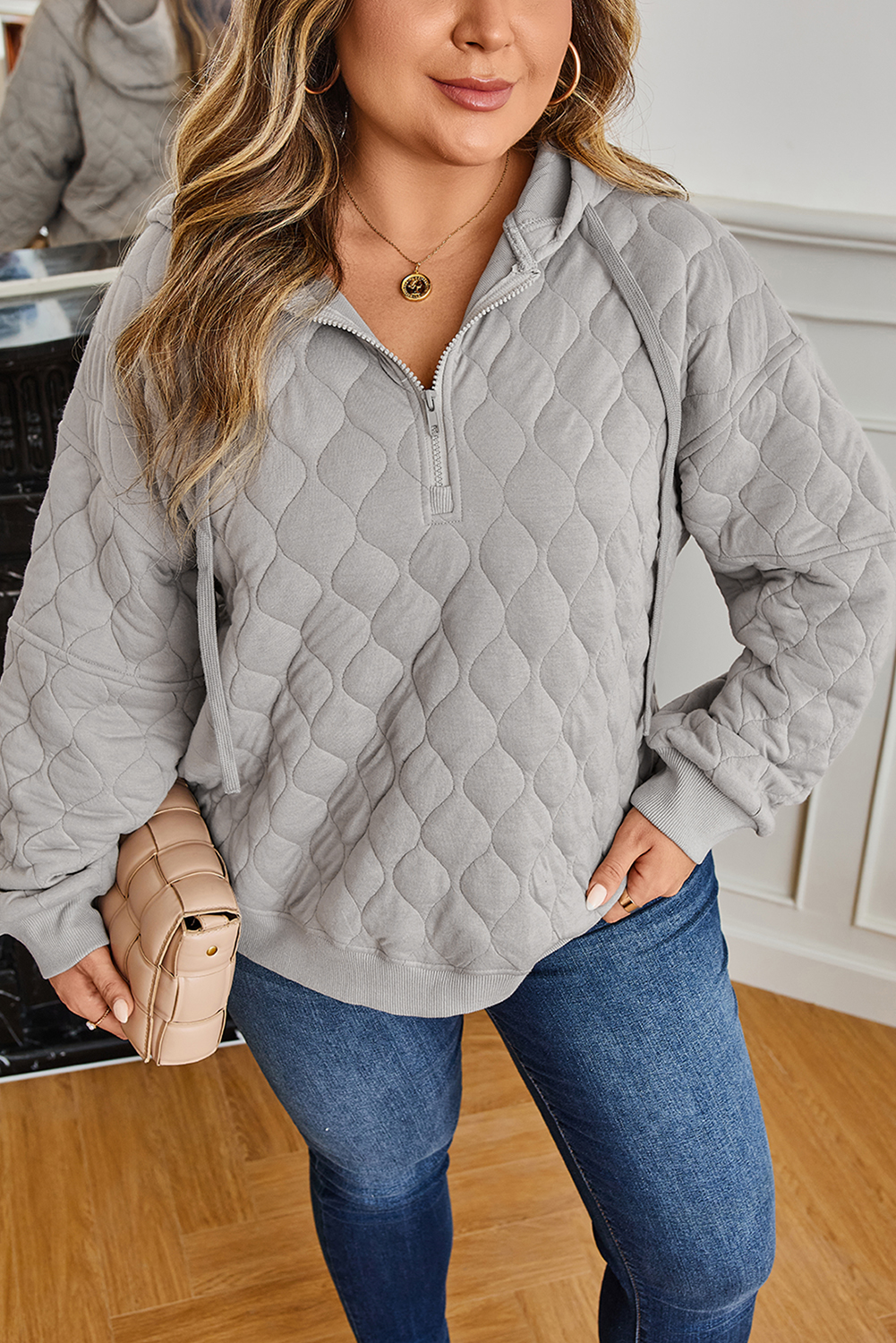 Gray Quilted Quarter Zip Plus Size Hoodie - Image 7