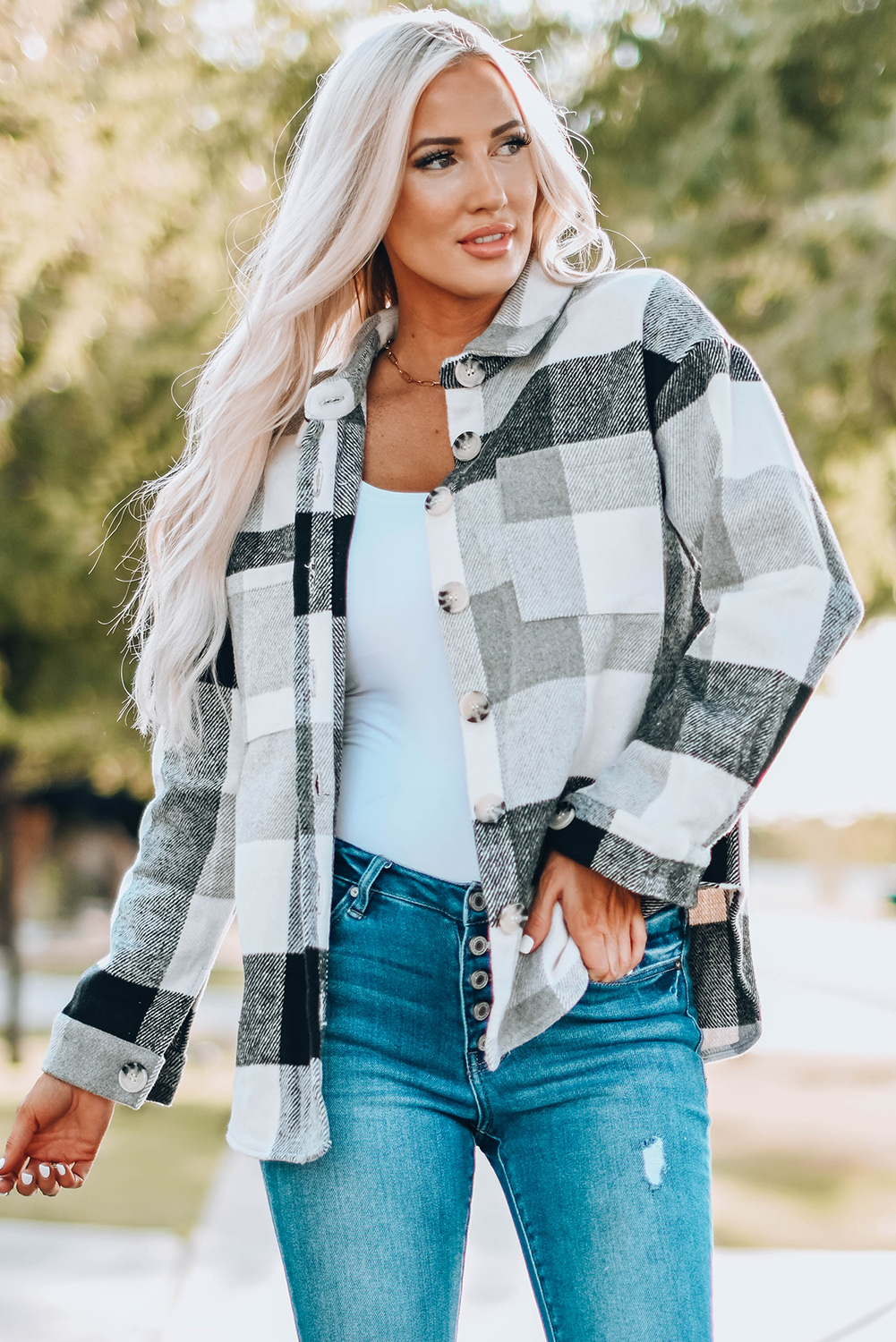 Gray Plaid Color Block Buttoned Long Sleeve Jacket with Pocket - Image 6