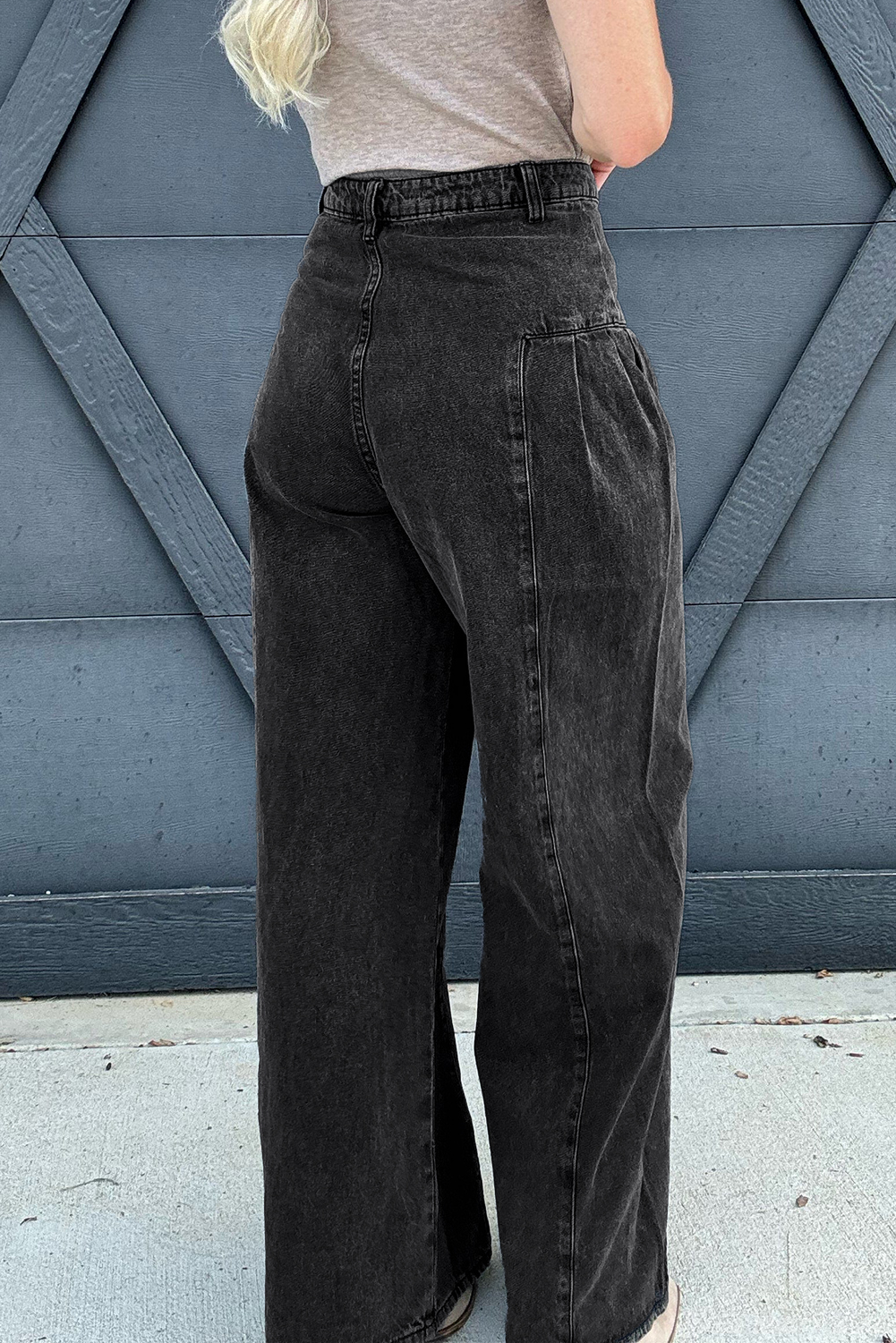 Dark Grey Pleated Wide Leg Mineral Wash Denim Pants - Image 2