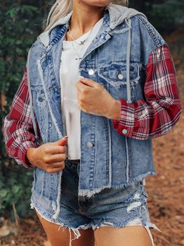 Beau Blue Plaid Print Patchwork Hooded Raw Hem Denim Jacket