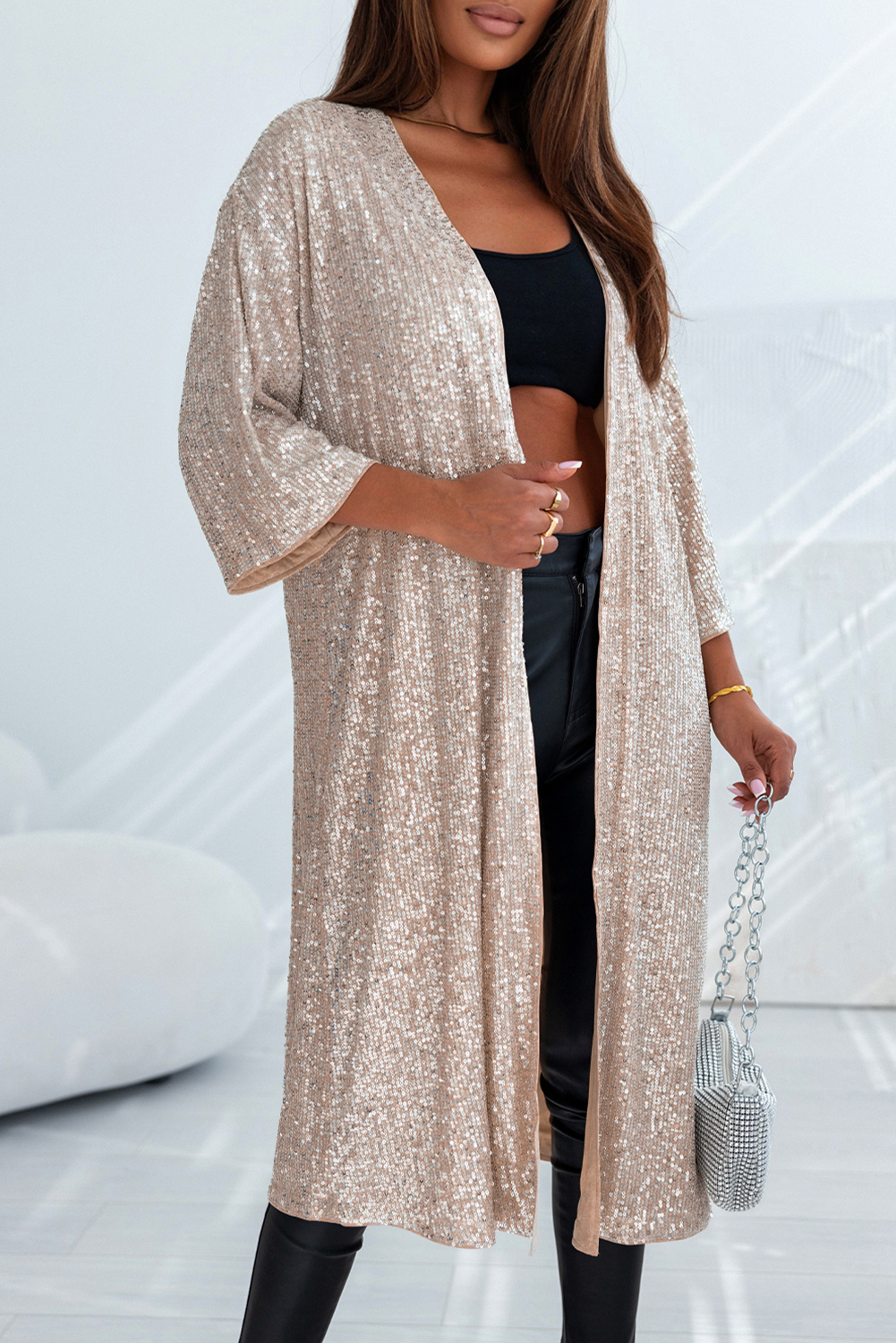 Apricot Sequin 3/4 Sleeve Open Front Duster Kimono - Image 5