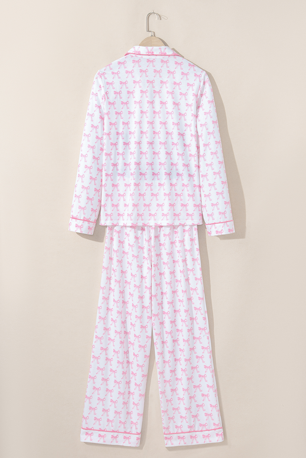 Pink Bow Print Long Sleeve Shirt and Pants Soft Pajama Set - Image 4