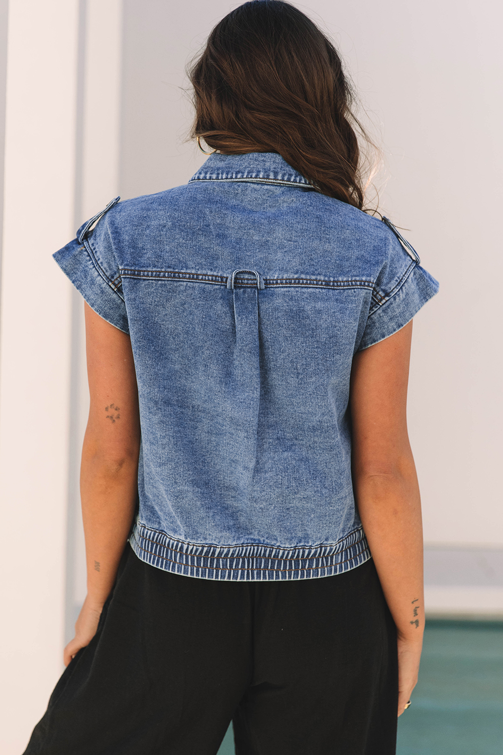 Ashleigh Blue Acid Wash Elastic Hem Button Up Denim Vest - Image 2