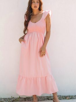 Pink V Neck Flutter Sleeve Smocked Bodice High Waist Ruffle Maxi Dress