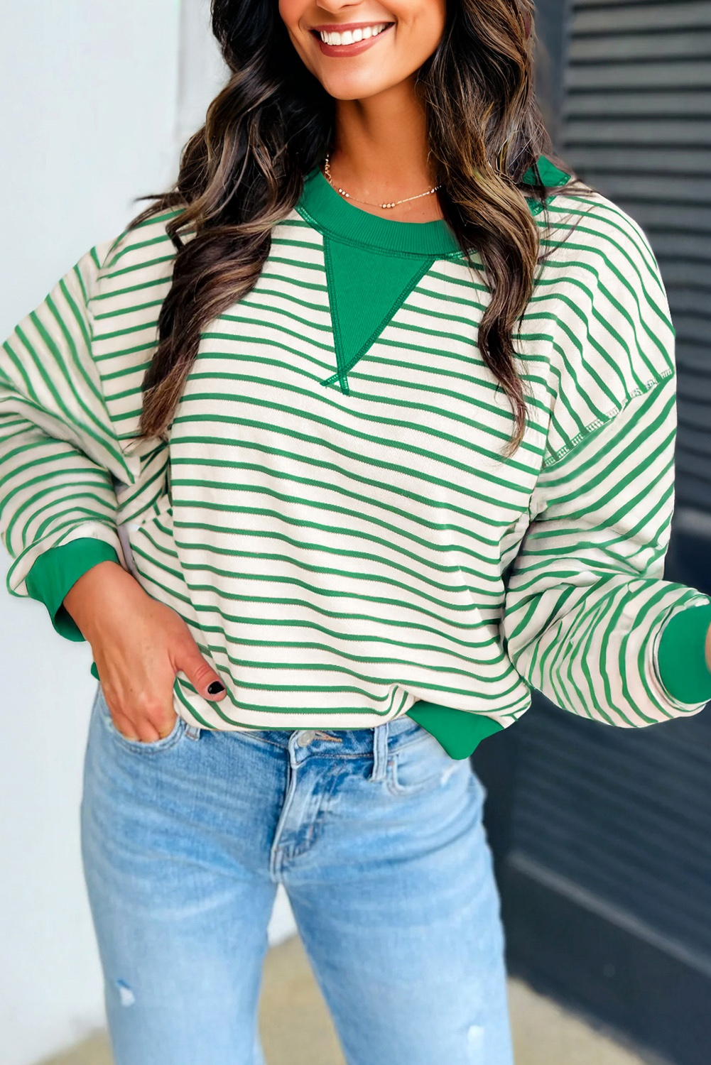 Bright Green Striped Exposed Seam Patchwork Loose Pullover Top - Image 2
