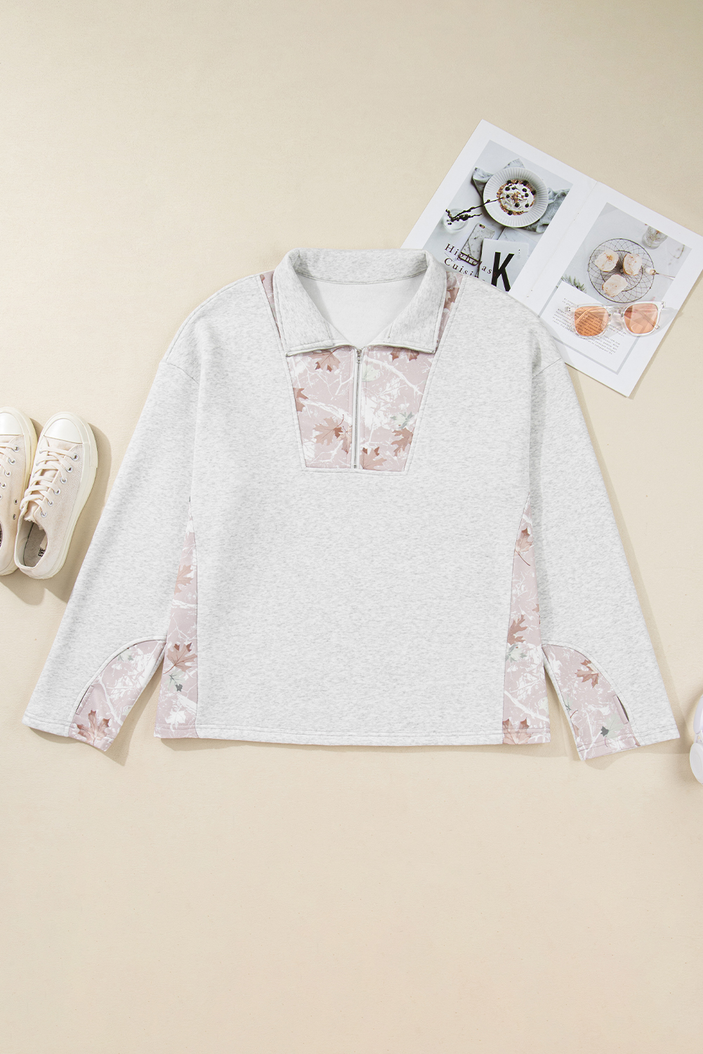 Gray Camo Leaves Patchwork Zipped Collar Pullover Plus Size Sweatshirt - Image 8