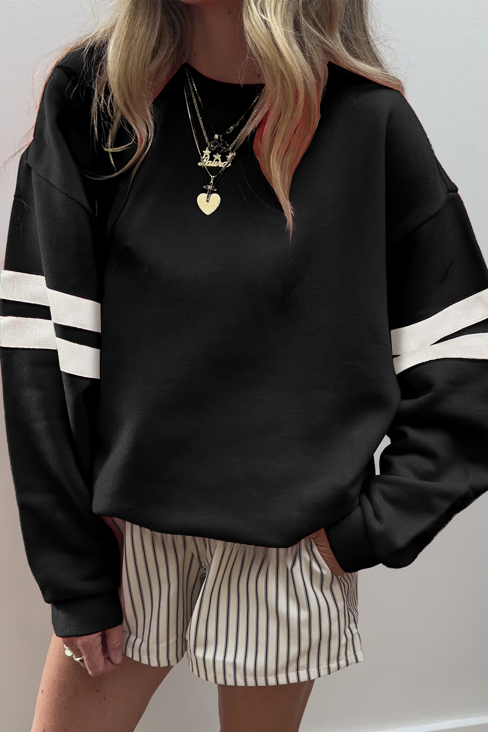 Black Varsity Striped Detail Drop Shoulder Oversized Sweatshirt - Image 7