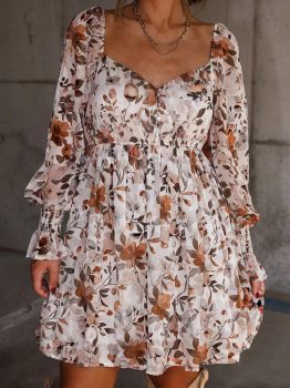 White Floral Print Sweetheart Neck Long Sleeve High Waist Mini Dress