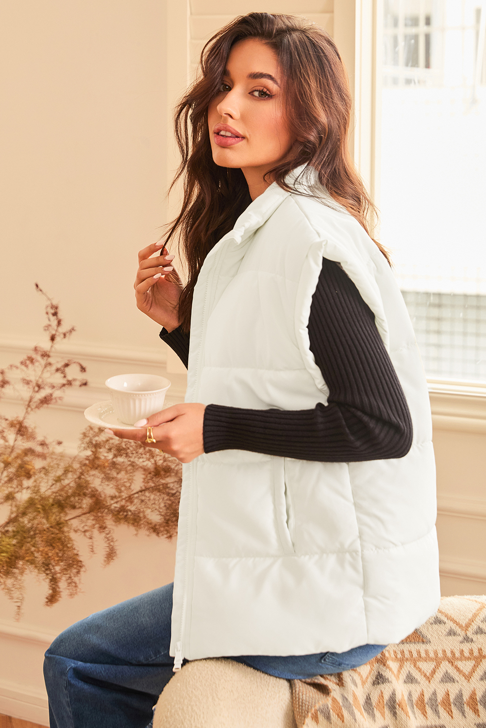 Beige Zipper Stand Neck Oversized Puffer Vest - Image 4