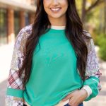 Aruba Blue Plaid Vintage Paisley Patchwork Long Sleeve Raglan Top