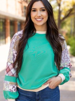 Aruba Blue Plaid Vintage Paisley Patchwork Long Sleeve Raglan Top