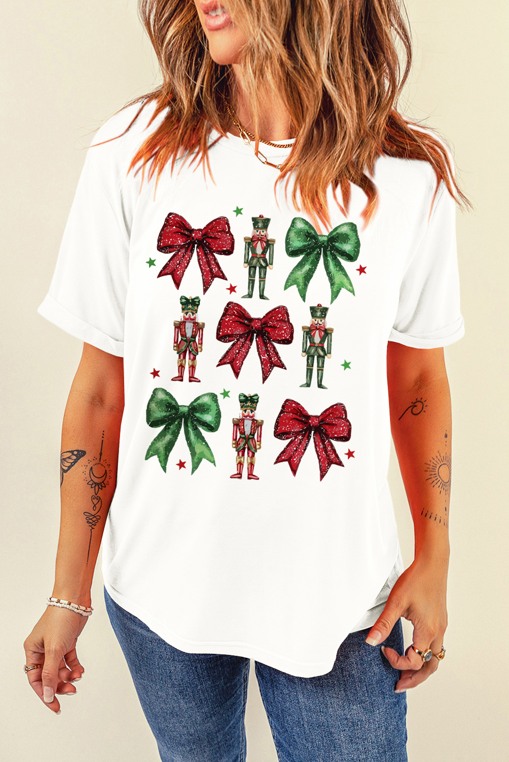White Bowknot Nutcracker Printed Crewneck Christmas T Shirt - Image 3