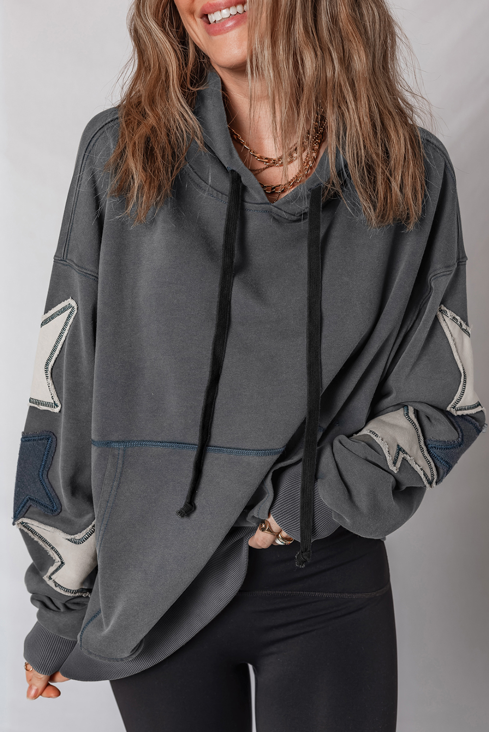 Carbon Grey Star Patchwork Contrast Stitching Mineral Wash Kangaroo Pocket Vintage Hoodie - Image 3