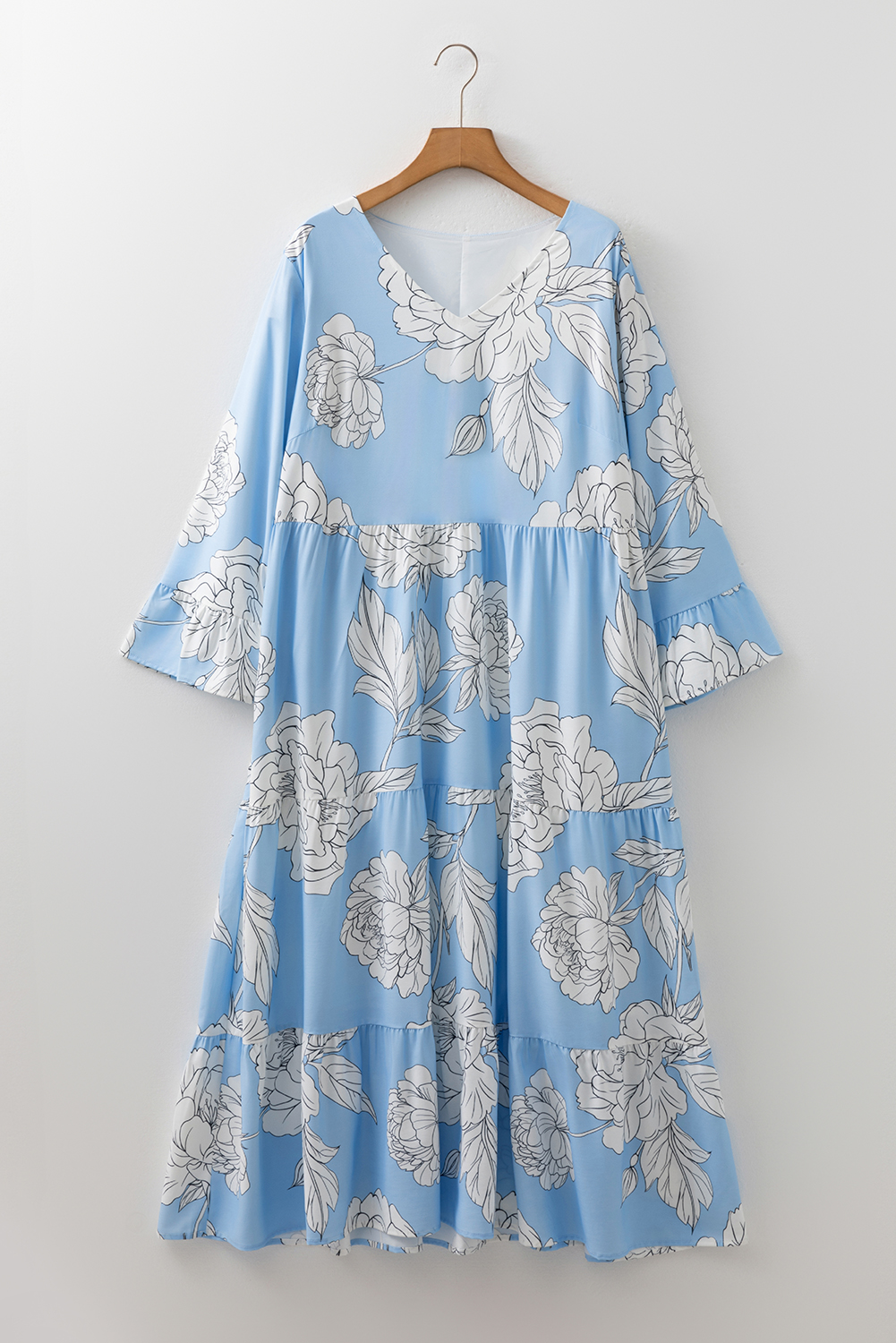 Sky Blue Floral Bracelet Sleeve V Neck Plus Size Tiered Maxi Dress - Image 8