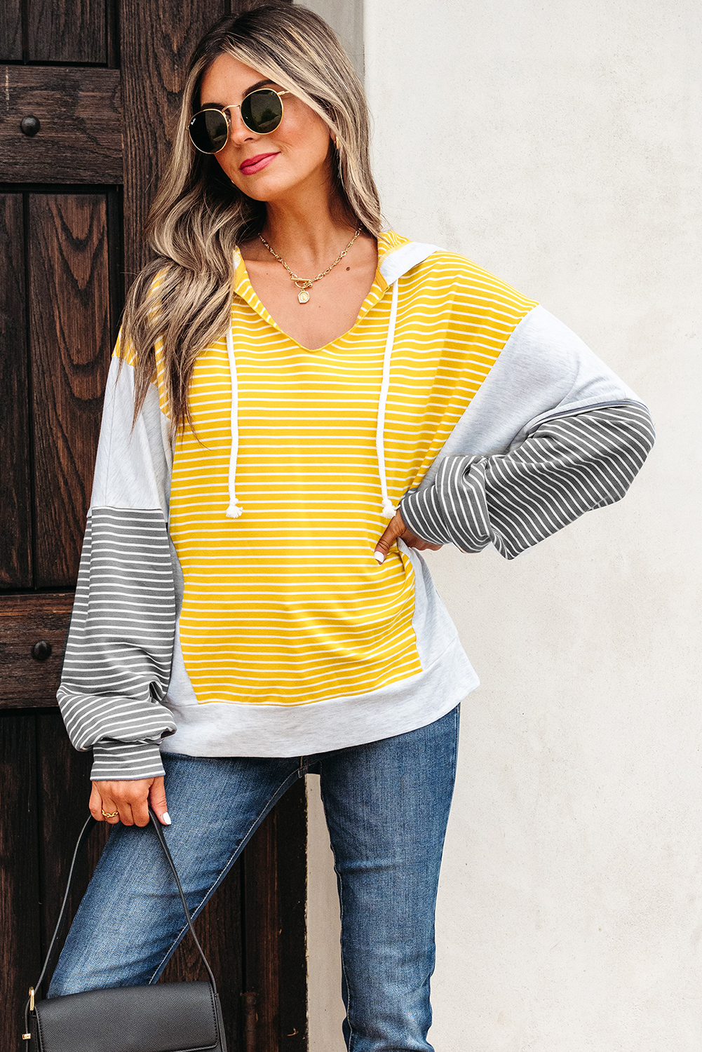 Yellow Stripe Color Block Drawstring V Neck Loose Fit Hooded Top - Image 3