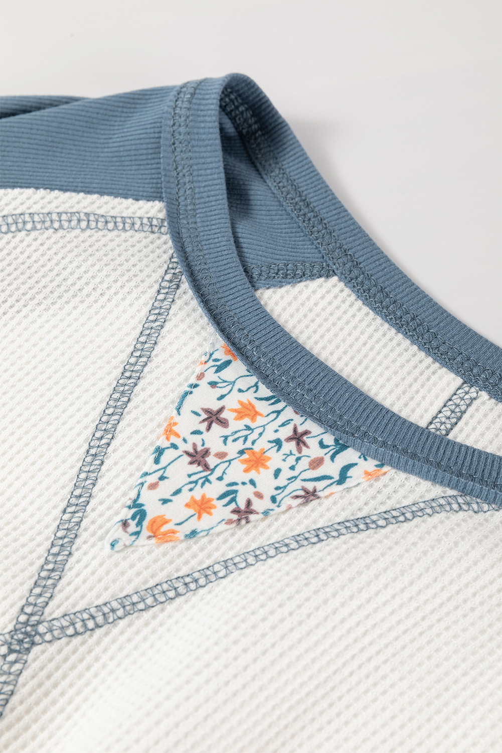 White Floral Patchwork Waffle Knit Raglan Top - Image 5