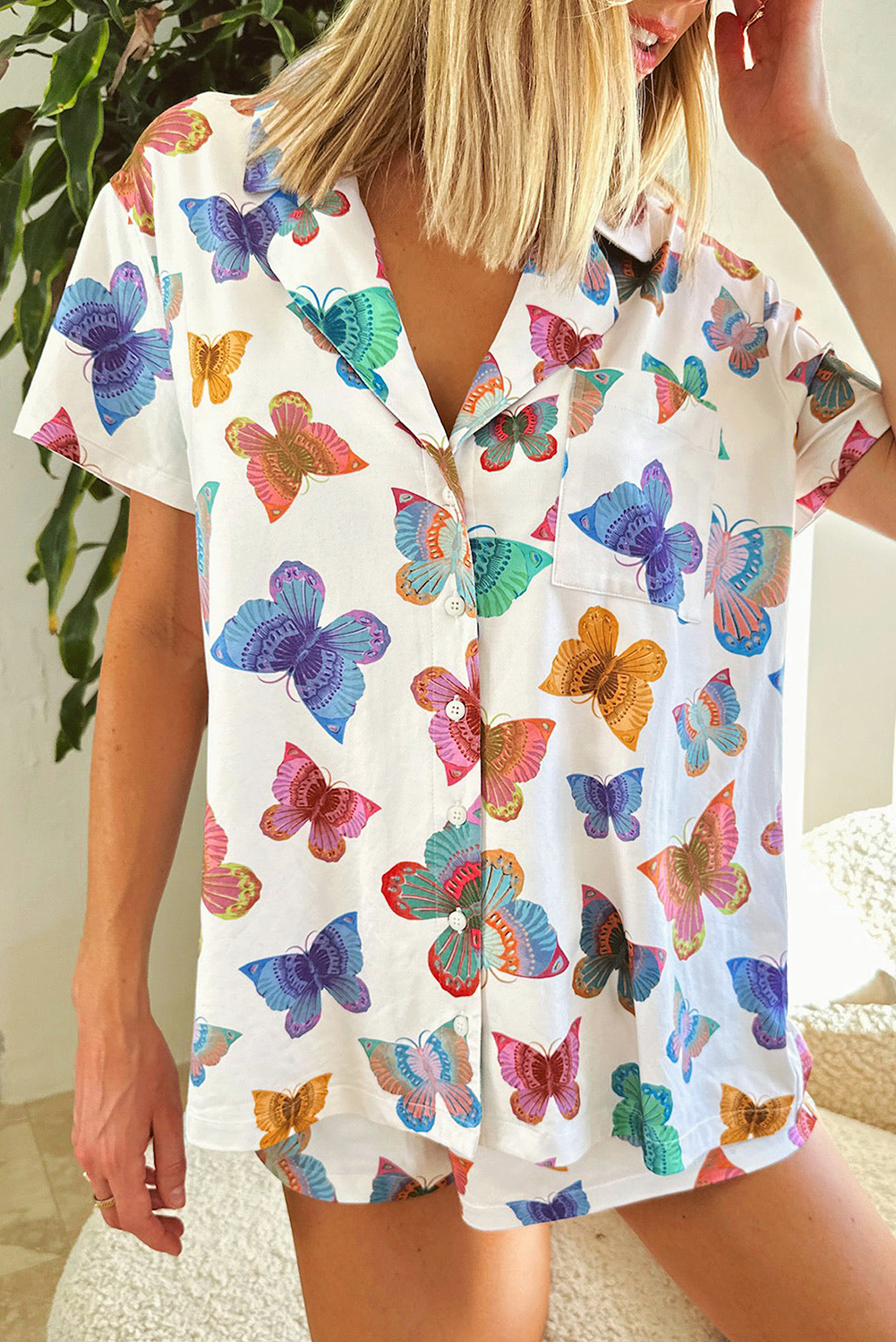 Multicolour Butterfly Pattern Short Sleeve Shirt Pajamas Set - Image 3