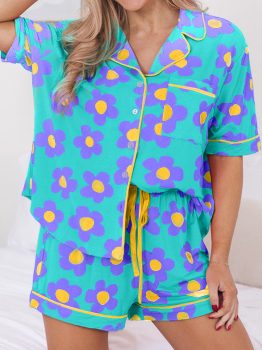 Green Flower Print Short Sleeve Shirt Pajamas Set