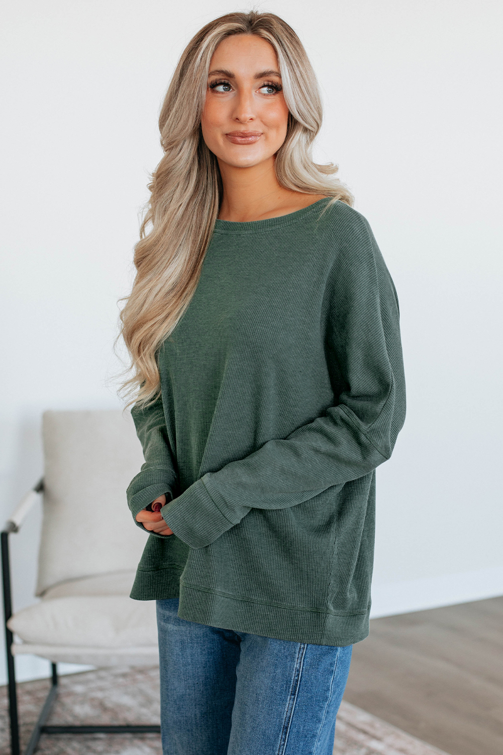 Mist Green Waffle Knit Patchwork Long Sleeve Loose Top - Image 3