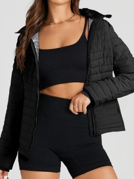 Black Solid Color Quilted Zip-up Puffer Jacket
