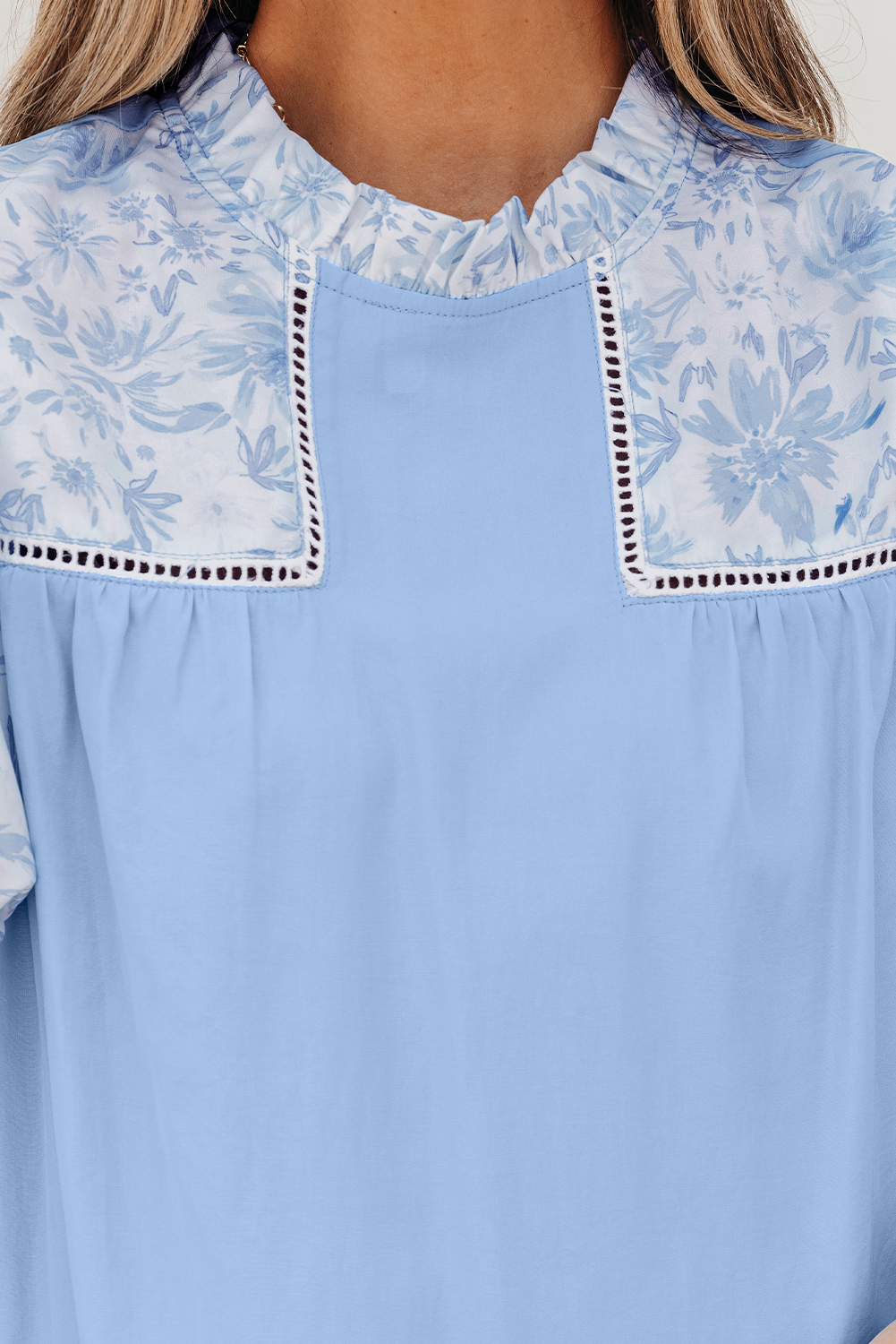 Beau Blue Lace Insert Floral Puff Sleeve Patchwork Loose Blouse - Image 8