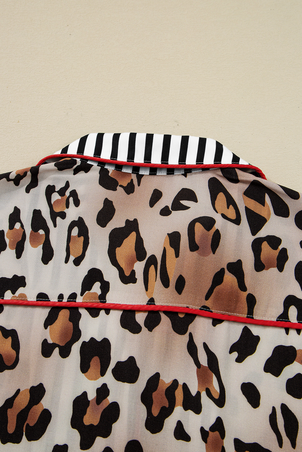 Khaki Leopard Print Colorblock Striped Edge Shirt and Pants Pajama Set - Image 8