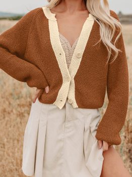 Chestnut Contrast Knit V Neckline Short Cardigan
